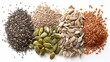Health-focused top view of a mix of chia seeds, flaxseeds, pumpkin seeds, sunflower seeds, and sesame seeds, highlighting essential nutrients, isolated background, studio lighting