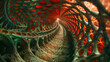 A spiral tunnel with a bright light shining through it. The tunnel is made of a mesh of green and red colors