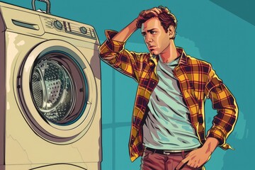 Wall Mural - A man standing next to a washing machine. Ideal for household appliance concepts