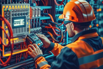 A man in a hard hat operating a machine. Suitable for industrial concepts