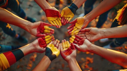 A group of people holding hands in a circle. Suitable for teamwork and unity concepts