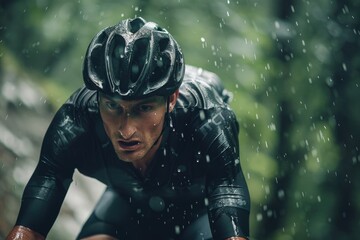 A male cyclist with helmet riding on a forest road on rainy day.