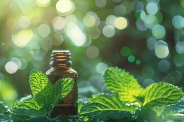 A bottle of essential oil with a sprig of fresh mint leaves. Ideal for aromatherapy or spa concepts