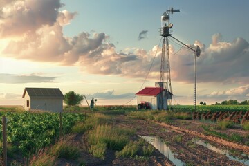 Poster - A picturesque windmill on a farm with a vibrant red roof. Suitable for agricultural and rural themes