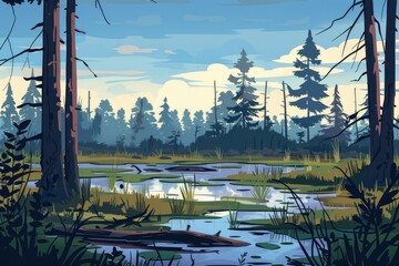 Sticker - A painting of a swamp in the middle of a forest. Suitable for nature themes