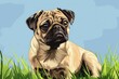 Cute pug dog sitting in green grass. Perfect for pet lovers