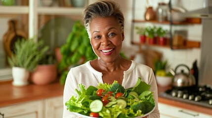 Mature African American Woman Radiantly Posing with a Fresh Garden Salad in a Sunny Home Kitchen