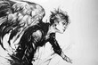 Detailed black and white illustration of a man with wings. Ideal for artistic projects