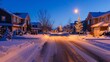 A quiet suburban street on a cold winter night. The houses and driveways are covered in snow but the road itself is completely clear . AI generation.