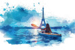 Blue watercolor paint of people falling offered in a kayak by eiffel tower