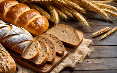 Sticker - Wooden board with different types of bread on it next to sack of wheat.