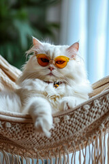 Canvas Print - White cat with glasses on and collar around its neck laying in hammock.