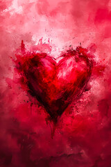 Sticker - Red heart is painted on canvas with splatters of pink and white paint creating abstract painting effect.