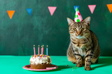 Poster - Cat wearing birthday hat sits in front of cake with lit candles and party decorations.