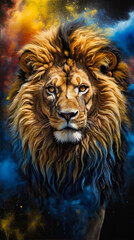 Canvas Print - Lion's head is painted in way that makes it look like it is covered in flowing hair or mane.