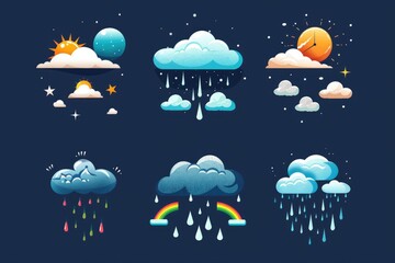 various weather icons on a dark blue background, suitable for weather forecast graphics