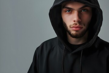 Wall Mural - Portrait of a Young Man in a Black Hoodie against a Clean Background with Copy Space. Concept Portrait Photography, Black Hoodie, Clean Background, Copy Space, Young Man