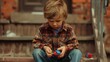 A young boy sitting on a stoop, repairing a broken toy with glue.