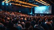 Panoramic view of a tech conference focused on the future of gambling with cryptocurrencies like bitcoin, capturing the optimistic, happy crowd, no grunge, no dust, 4k