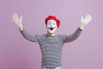 Poster - A man wearing a striped shirt with a clown face painted on his face. Suitable for circus or Halloween themes