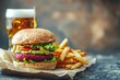 Classic beetroot burger with crispy fries and a pint of golden beer