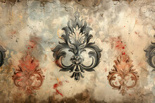 Vintage Wall Paper, Damask Pattern With Fleur De Lis And Scrollwork Design Elements, Distressed Watercolor Background. Created With Ai