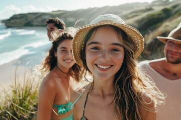 Wall Mural - fun beach summer youth friend young woman group friendship happiness vacation sea couple together man lifestyle holiday