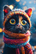 Black cat wearing scarf and hat.
