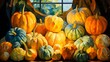 b'A colorful variety of pumpkins of various sizes'