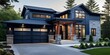 Luxurious new construction home, modern style home two car garage, blue siding natural stone wall.