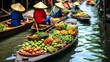 b'A bustling floating market in Thailand with boats full of fresh fruits and vegetables'