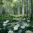 The water lilies in the middle of the birch forest in the morning light