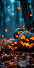 Wall Mural - b'Spooky Halloween pumpkins glowing in the dark forest'