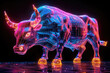  3D, glowing neon black bull with orange and blue fire on its horns and hooves. Created with Ai