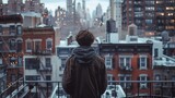 Fototapeta  - A lone figure stands on a fire escape back turned to the camera as they look out at the sprawling metropolis below lost in contemplation . .