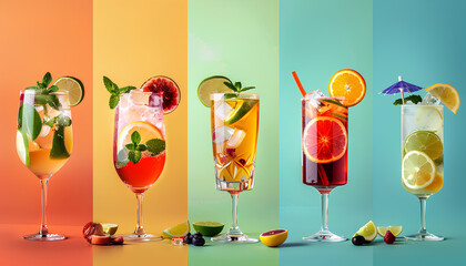 Wall Mural - Collage of cold summer cocktails on color background