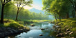 Peaceful river gently flowing through a serene forest Nature Scenery and Beauty background