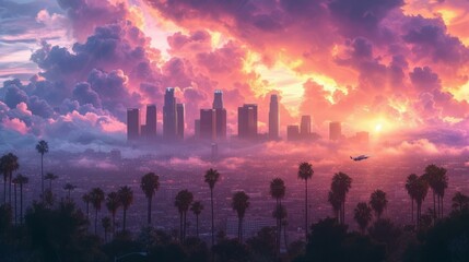 Wall Mural - b'Cityscape of Los Angeles with palm trees in the foreground and a plane flying in the sky'