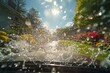 b'Car driving through a puddle of water on a sunny day'