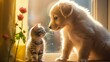 b'A cute puppy and a kitten are looking at each other'