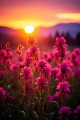 Wall Mural - b'Field of pink flowers with a sunset in the background'