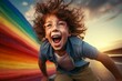 b'Ecstatic young boy with glasses running against a rainbow background'