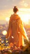 Diplomat, traditional robes, negotiating a treaty between warring kingdoms, under the clear blue skies, realistic, golden hour, depth of field bokeh effect, Rack focus view