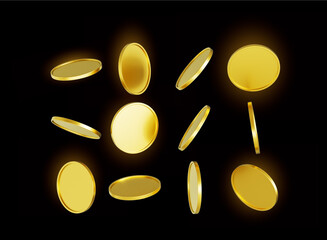 Golden Shiny Falling Rounded Coins Isolated On Black Background 3d Illustration