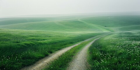 Canvas Print - b'Countryside dirt road through a lush green rolling hill field'