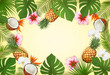 Summer tropical background with palm leaves, colorful flowers and a exotic fruit. Vector