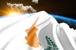 Cyprus national flag cloth fabric waving on beautiful night global cloud Background.
