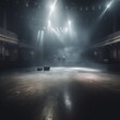an empty stage at a rock concert venue, no people, atmospheric and moody, cinematic, dry ice