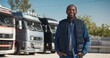 Zooming in on African American mature man in jacket standing at parking lot for lorries and cheerfully smiling on camera. Enjoying working at shipping company. Concept of logistics.