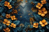 Fototapeta Panele - jungle wallpaper. Bright jungle with ferns and gold flowers. For design game and websites.
